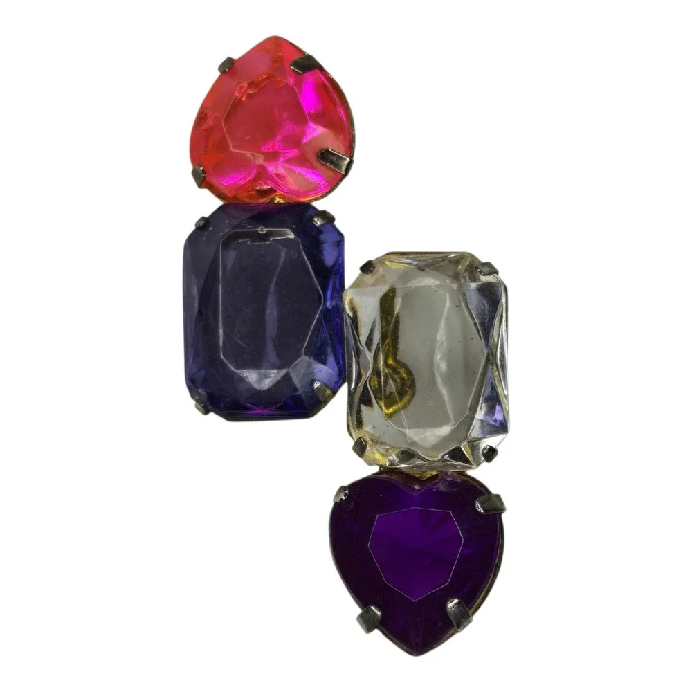 Vintage Brooch Glass Multi Heart Emerald Cut Rhinestone Vintage Pin Pink Purple